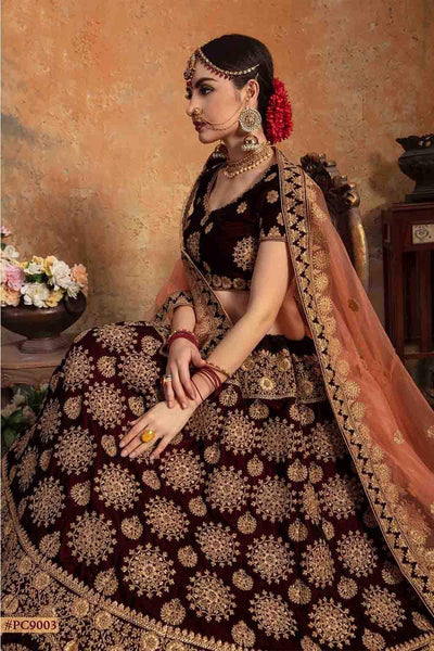 Buy Indian Lehenga Stores Online - Maroon Velvet Wedding Lehenga Choli