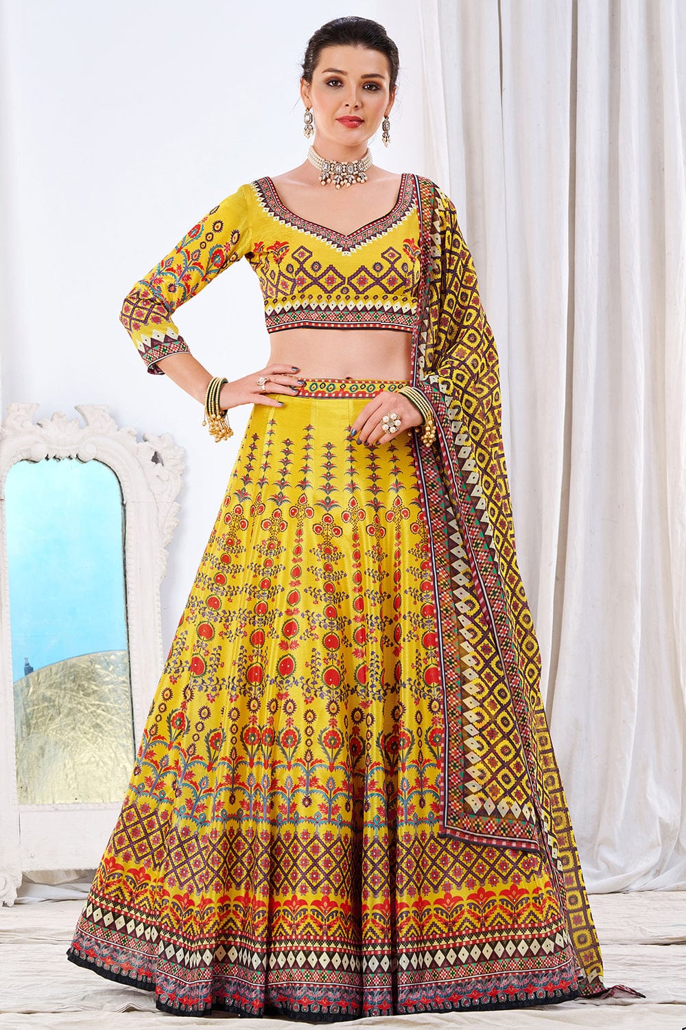 Buy Yellow Georgette Printed And Embroidered Logo Lehenga Saree With Blouse  For Women by Prevasu Online at Aza Fashions.