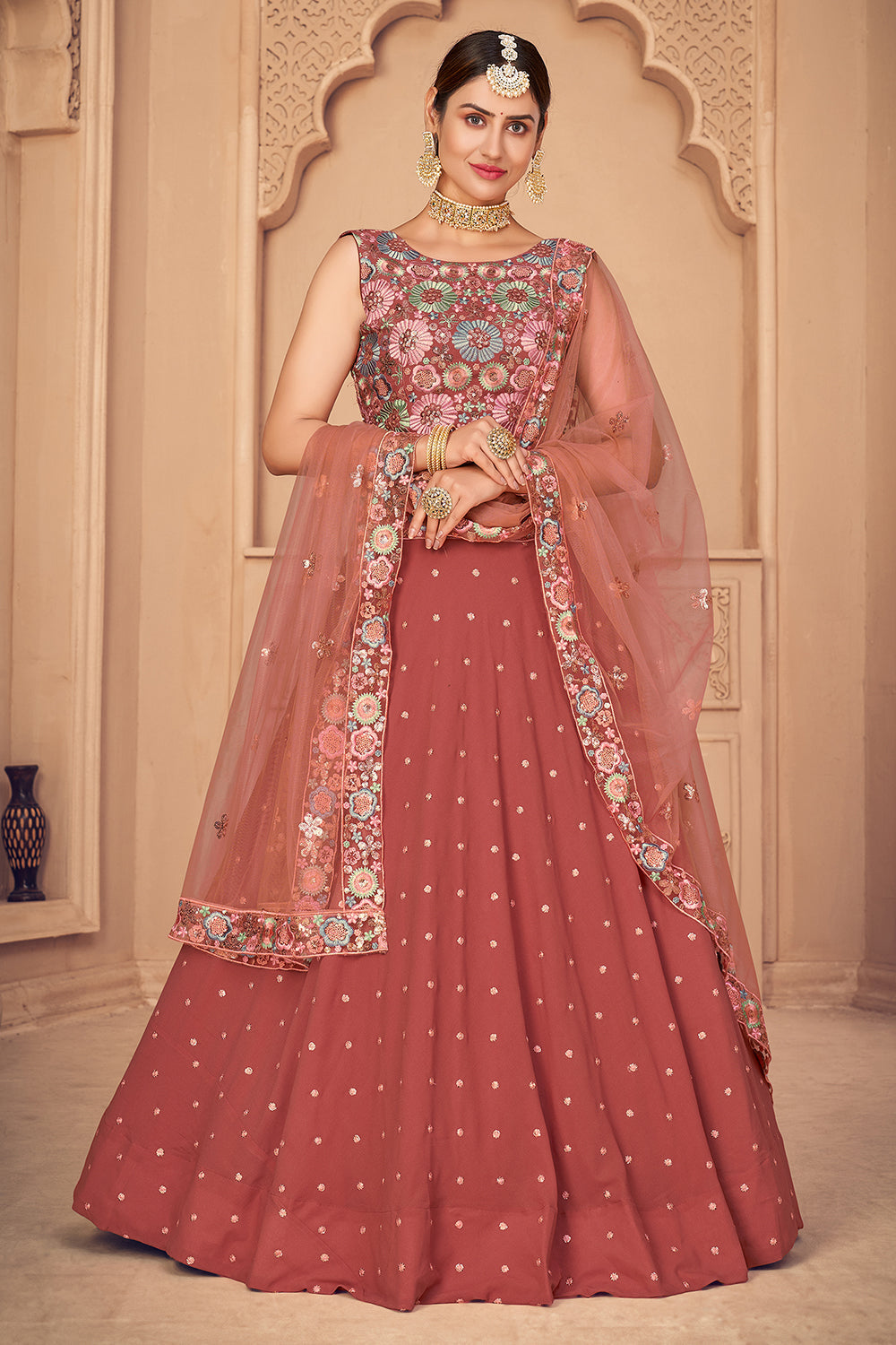 Buy Pink Net Embroidered Floral Motifs Scoop Neck Floryn Lehenga Set For  Women by Ridhi Mehra Online at Aza Fashions.