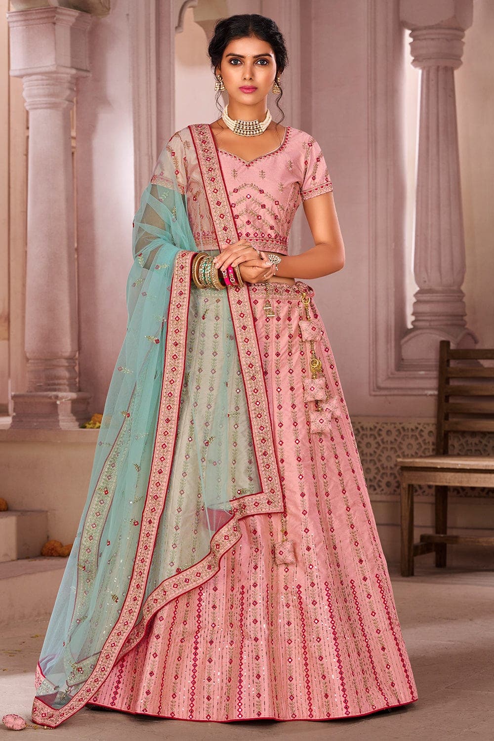 Embroidered Work. Semi-Stitched Pink Net Wedding Wear Lehenga Choli, Size:  46 at Rs 1899 in Surat