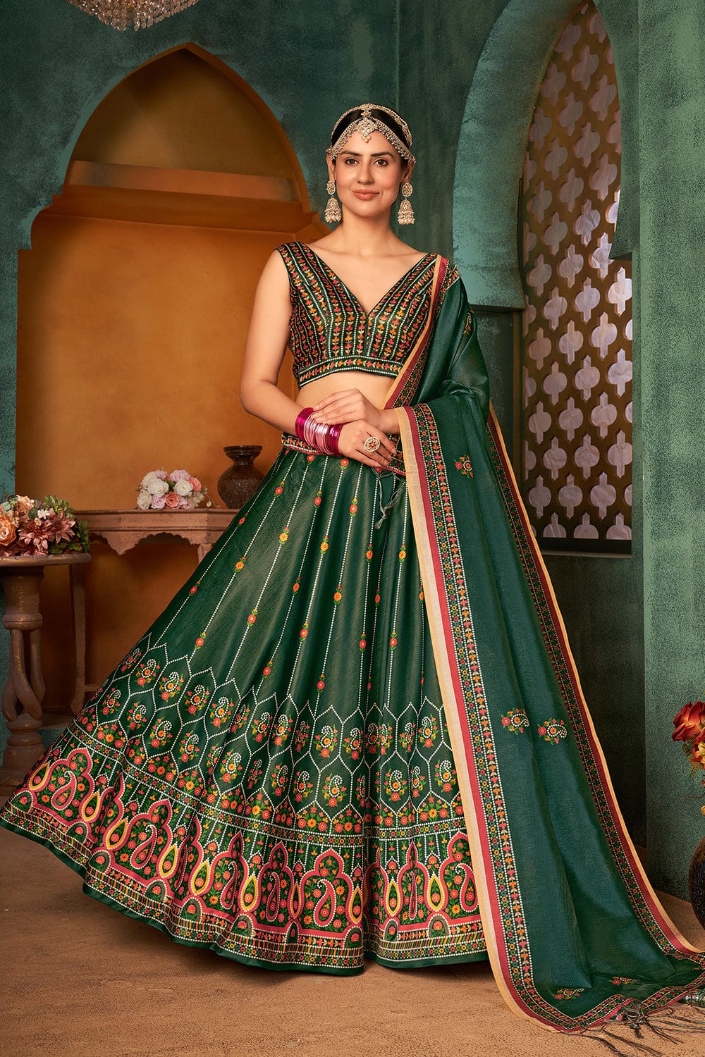 Buy Designer Sarees, Salwar Kameez, Kurtis & Tunic and Lehenga Choli.Beauteous  Georgette Dark Green Lehenga Choli