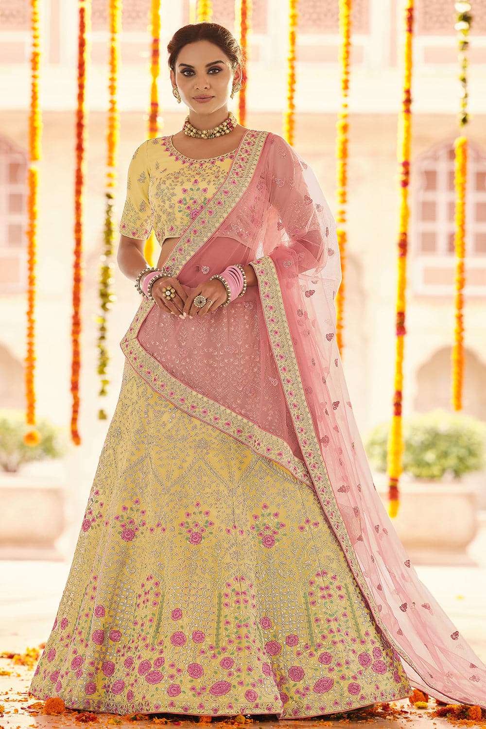 Buy Lemon Yellow Sequin Booti Lehenga with Embroidery Choli Boti Net  Dupatta for Girls Online