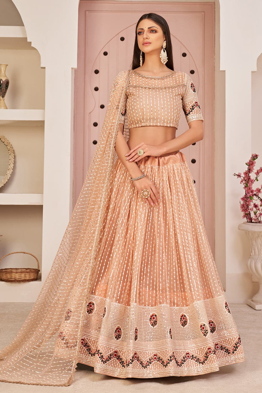 Peach And Silver Ombre Lehenga Embellished In Sequins And Hand Embroidered  Choli With Plunging V Neckline