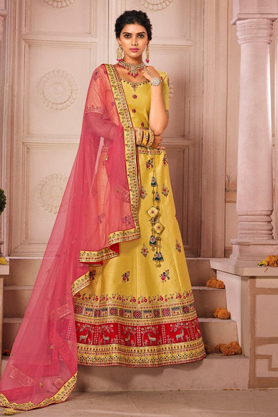 Shop Pastel Green Embroidered Lehenga Online in USA with Yellow Dupatta –  Pure Elegance