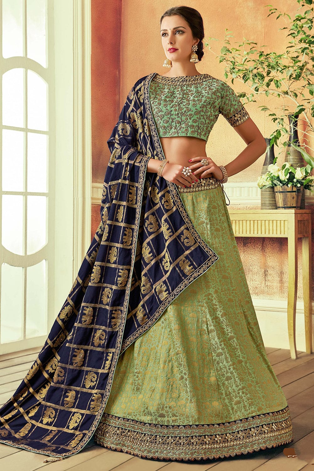 Buy Peacock Blue, Teal And Green Shaded Lehenga With A Abla Embroidered  Peacock Blue Choli