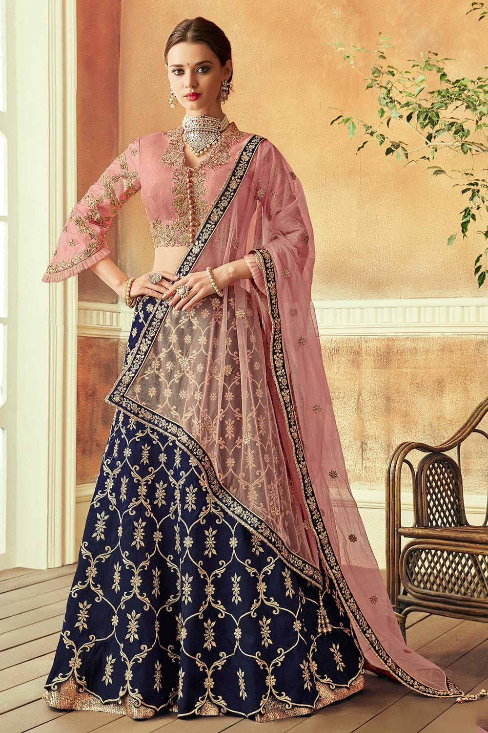 Beautiful Hand Embroidered Navy Blue Lehenga Pink | Exclusive 1 In Stock
