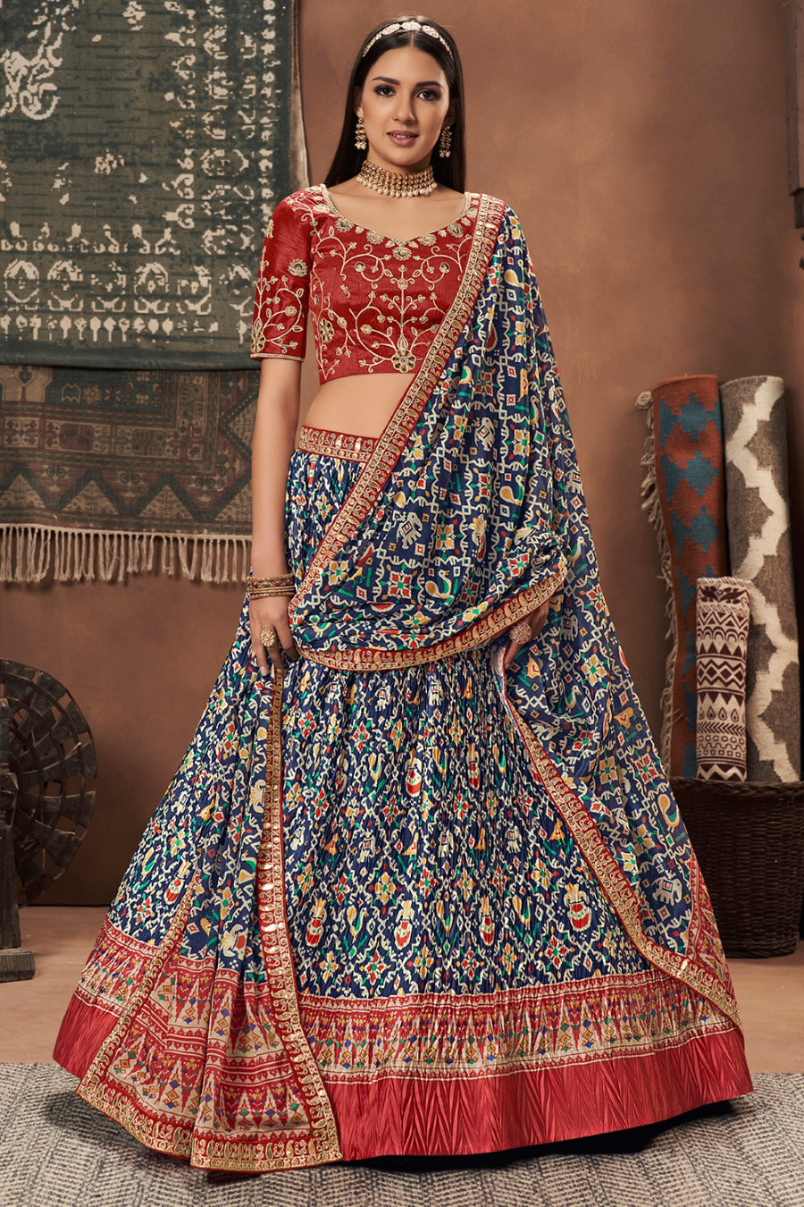 Buy Navy Blue Banarasi Silk Woven Zari Wedding Wear Lehenga LLCV115559