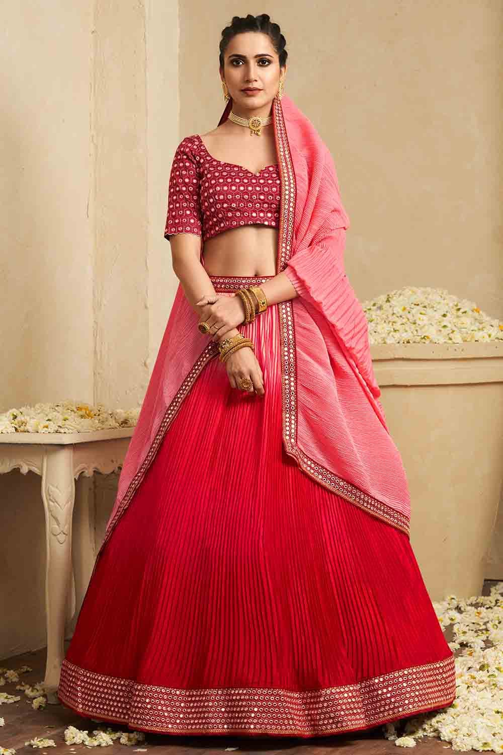 Buy Red Saree Satin Embroidered Frill Lehenga With Embellished Blouse For  Women by Nazaakat by Samara Singh Online at Aza Fashions.