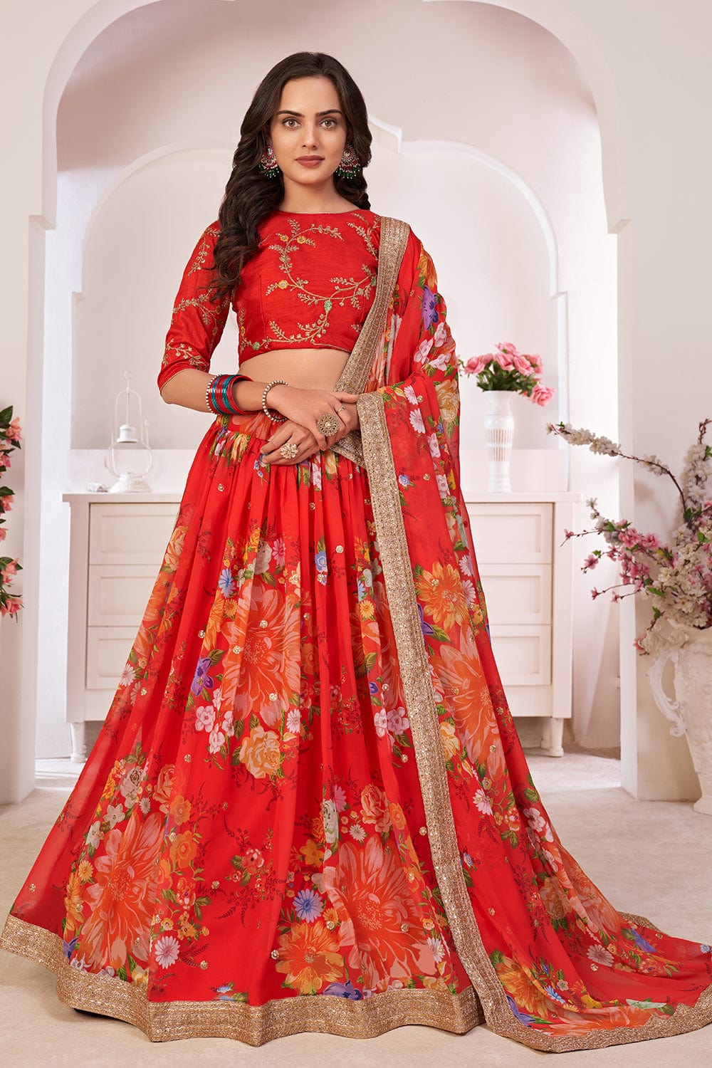 Buy Women Red Floral Print Lehenga Set With Embroidered Blouse And Dupatta  - Leheng & Skirt - Indya