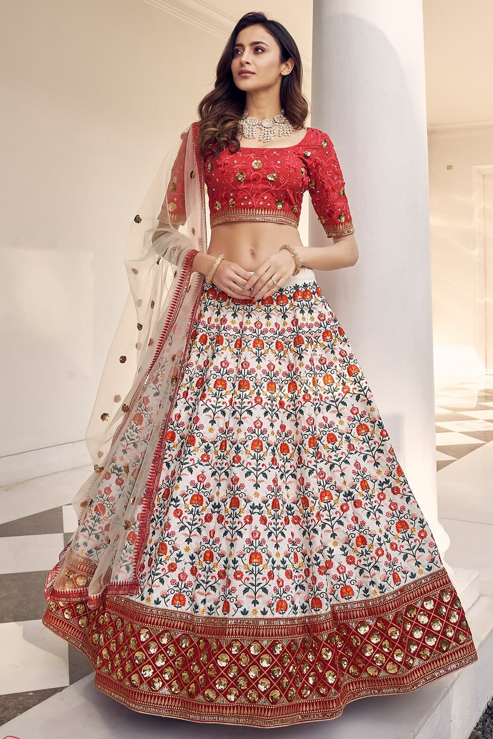 Exciting Fancy Off White and Red Lehenga Choli -