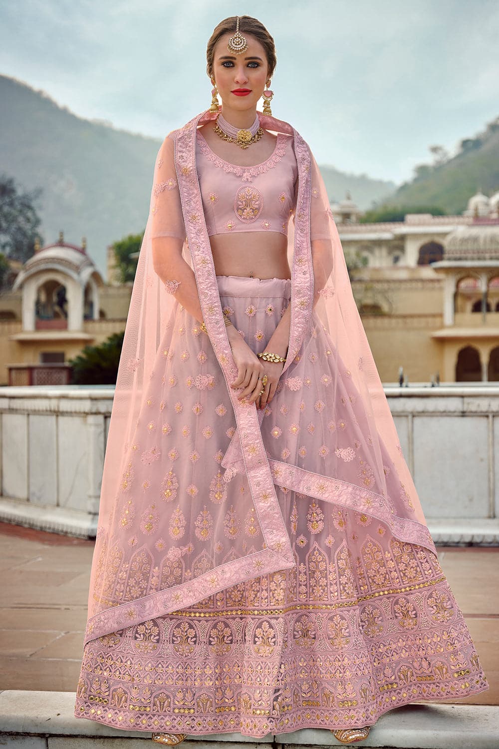 Buy Pink Crepe Misty Pearl Bloom Embellished Lehenga Saree With Blouse For  Women by Surabhi Arya Online at Aza Fashions.