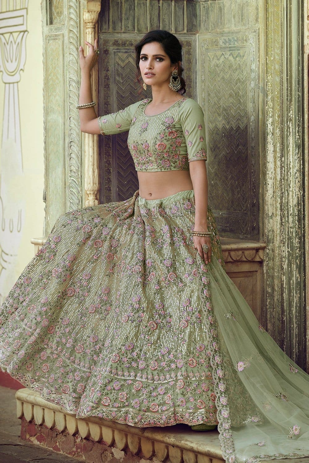Light Green Pearl Embroidered Wedding Lehenga Choli | Indian fashion,  Wedding lehenga designs, Engagement lehenga