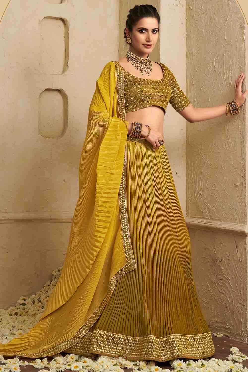 Buy Silk Zari Designer Lehenga Saree in Mustard Online -