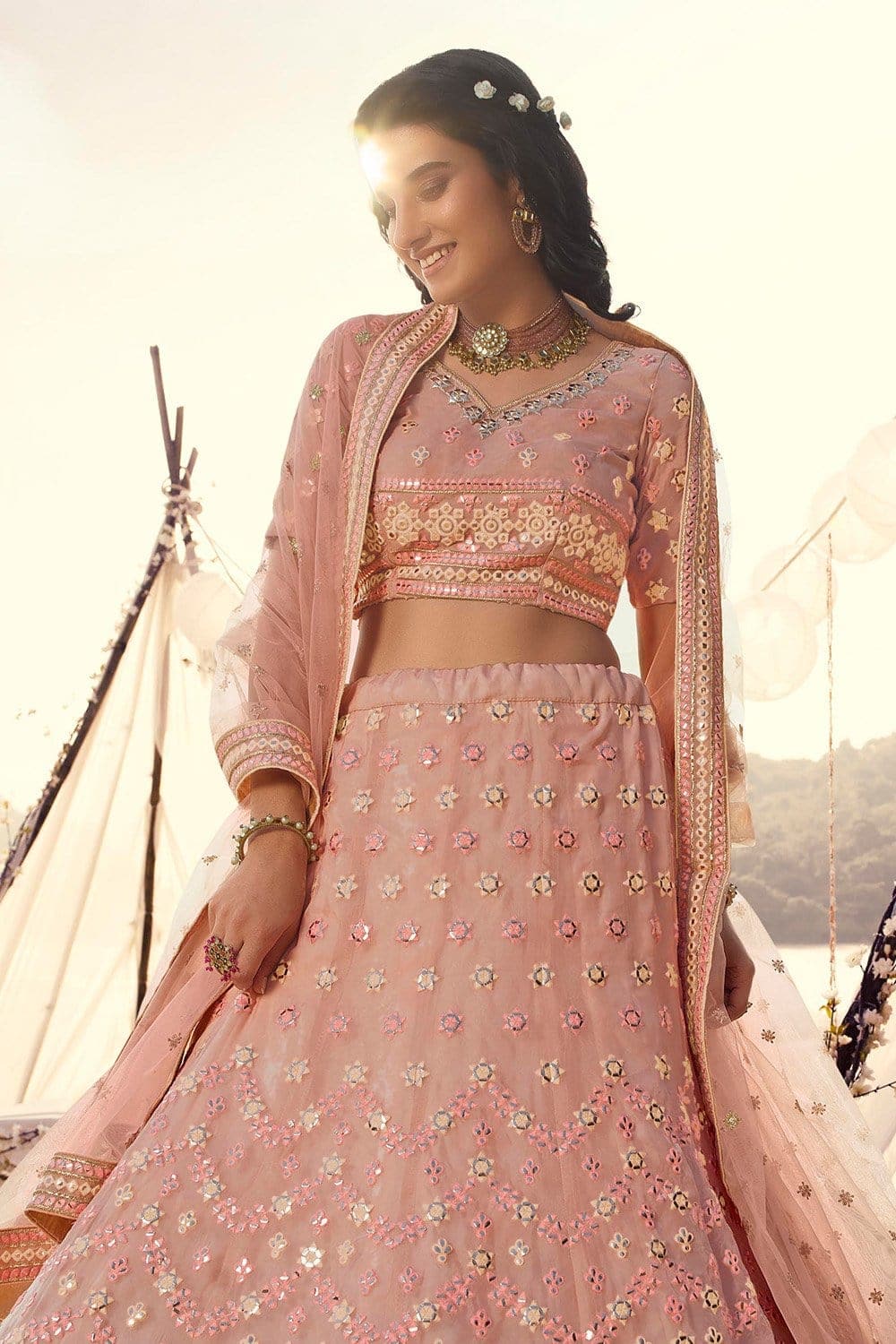 Buy Peach Pink Silk Zari Embroidered Lehenga Choli Set Online | Like A Diva