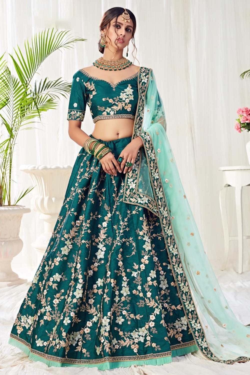 Lehenga Peacock Blue Embroidered Lehenga saree online