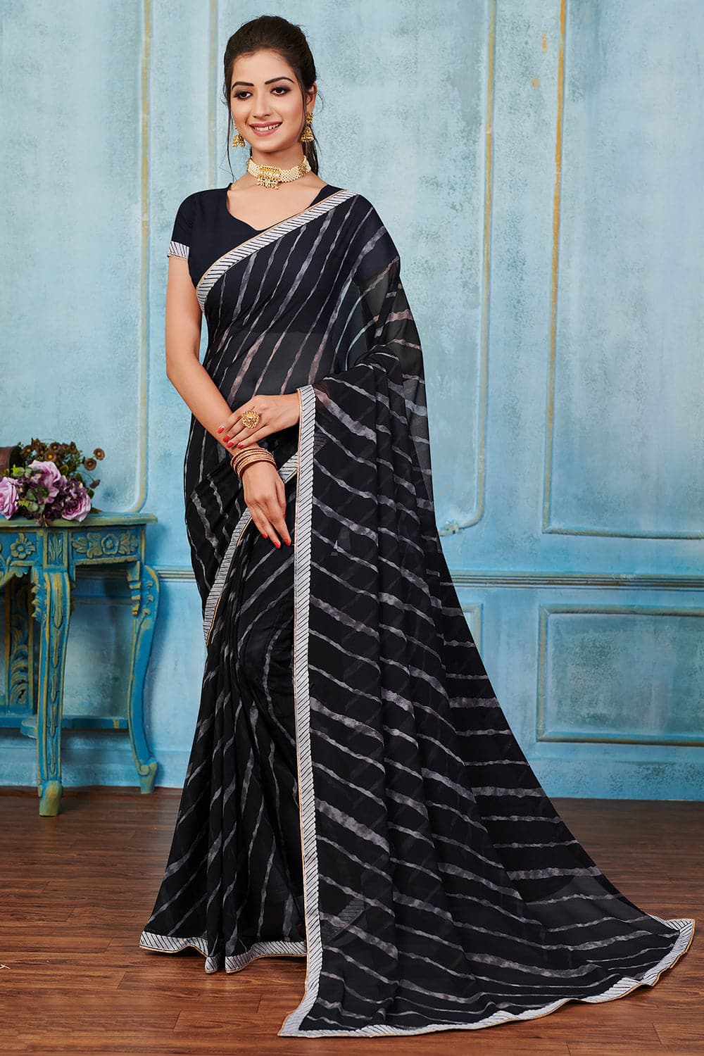 Grancy Green & Black Ready to Wear Leheriya Saree - Absolutely Desi