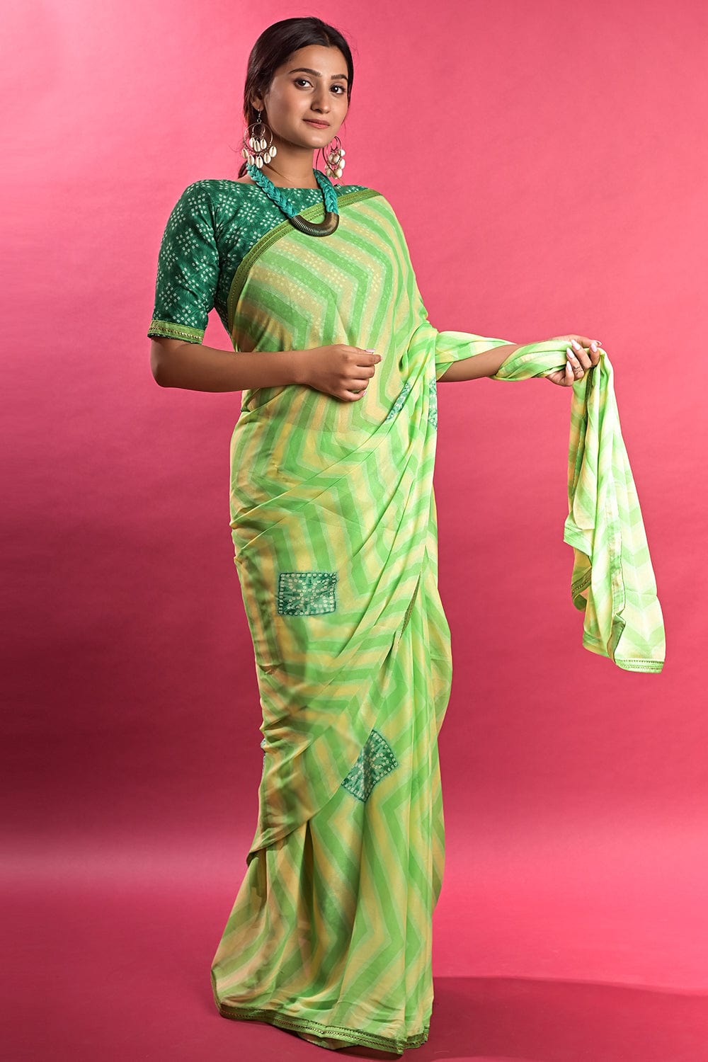 green leheriya saree