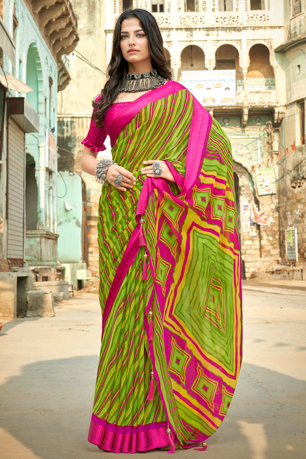 Pink Printed Georgette Leheriya Saree | Leemboodi