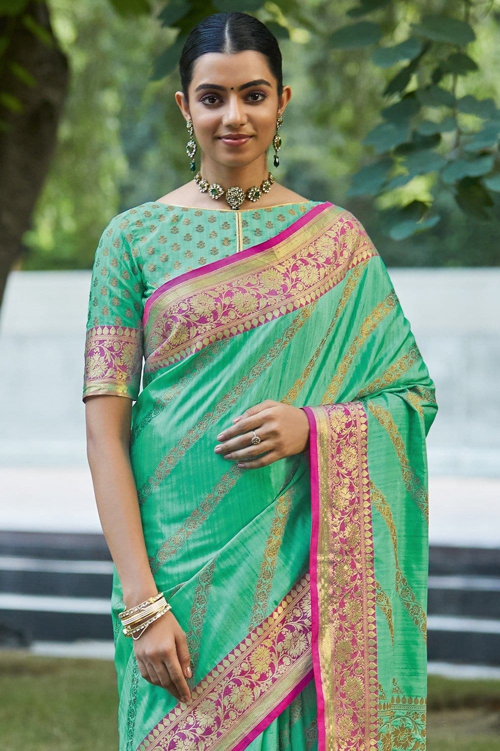 Peach And Green Chinon Leheriya Saree With Zari And Resham Embroidery Work  | Kolour