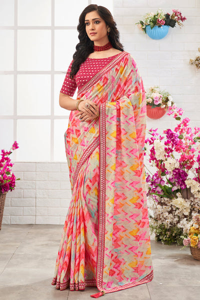 Bright Pink & Yellow Georgette Lehariya Saree Without Blouse - Bandhej  Beauties | Shop Online at Ethnickart India's Best Ethnic Weares & Wares