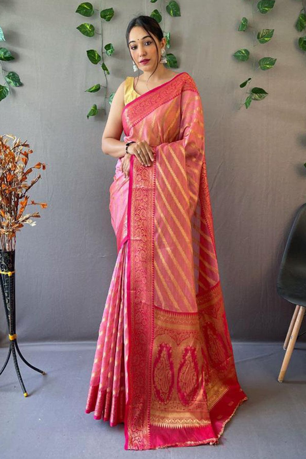 Hot Pink Leheriya Banarasi Saree