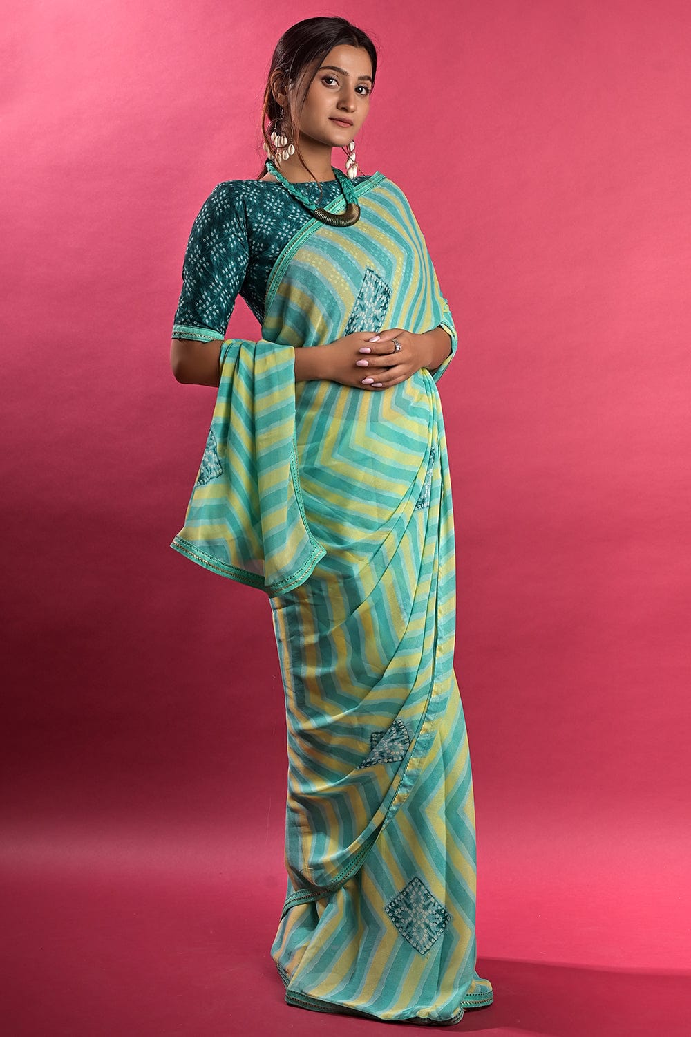 Buy PK HUB Women's Nazmeen Chiffon Leheriya Saree with Same Blouse Piece  (Blue) at Amazon.in