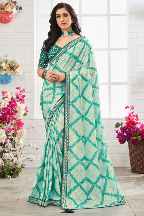 blue leheriya saree