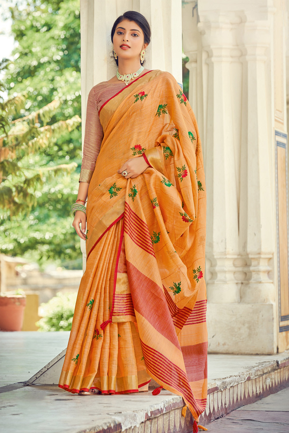 Orange and Light Blue color linen sarees with zari border saree design  -LINS0002207