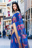 Linen Saree Azure Blue Floral Printed Linen Saree saree online