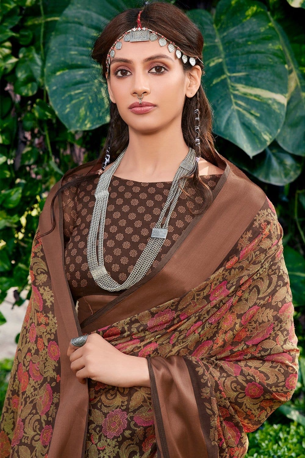 Coffee Brown Designer Embroidered Silk Saree – Zari Banaras