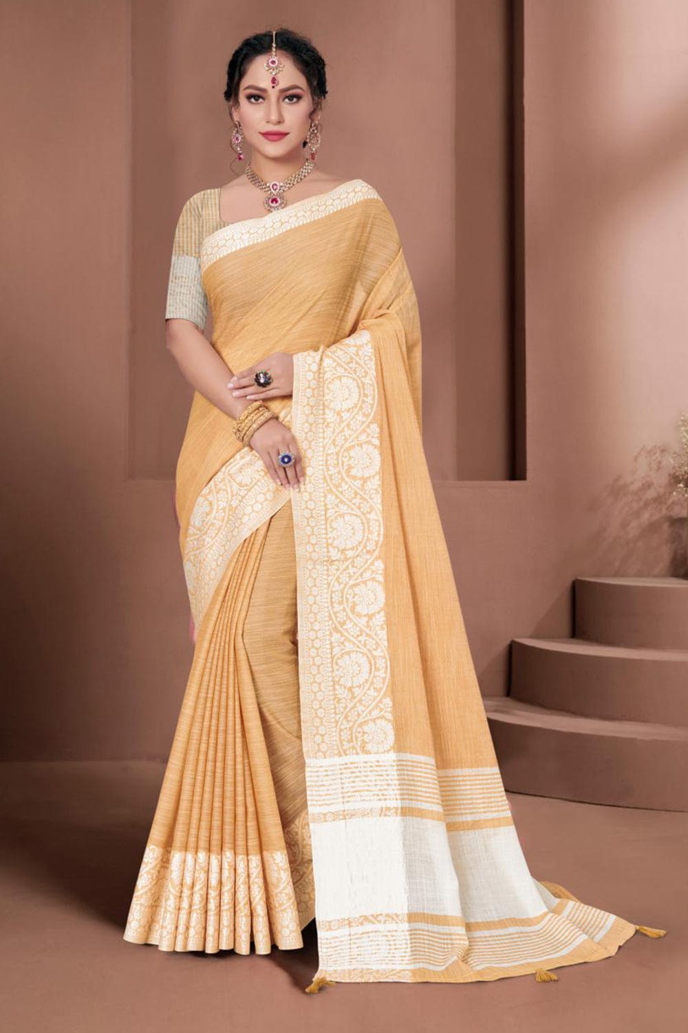 beige linen saree