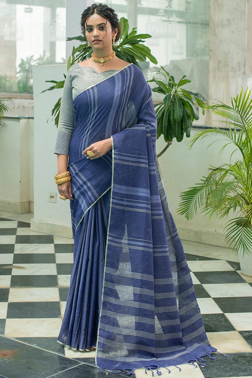 Linen Saree Berry Blue Linen Saree saree online