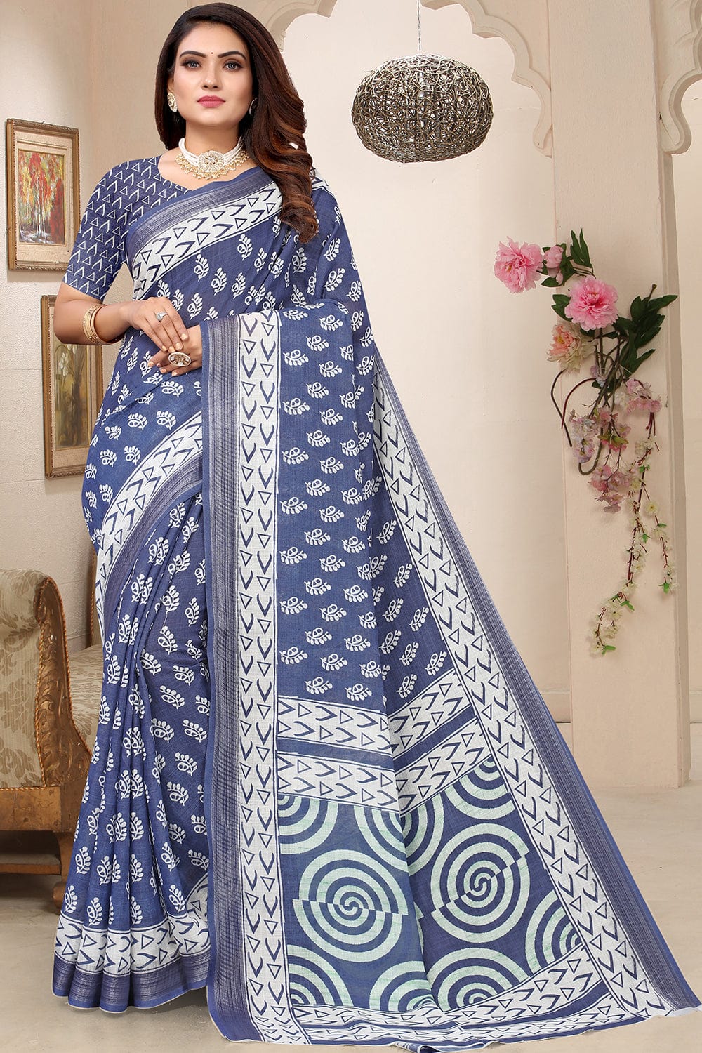 blue linen saree