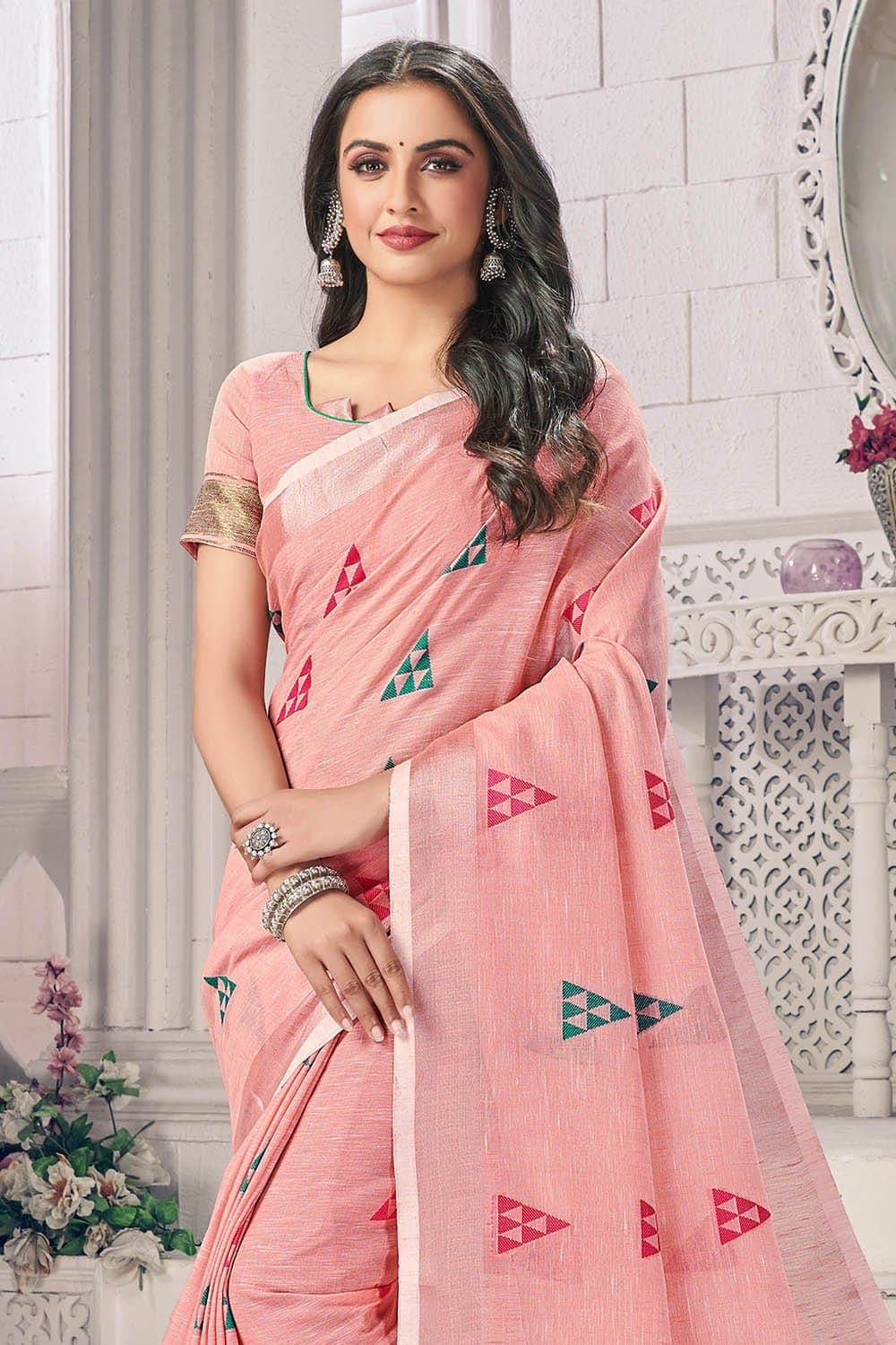 pink linen saree