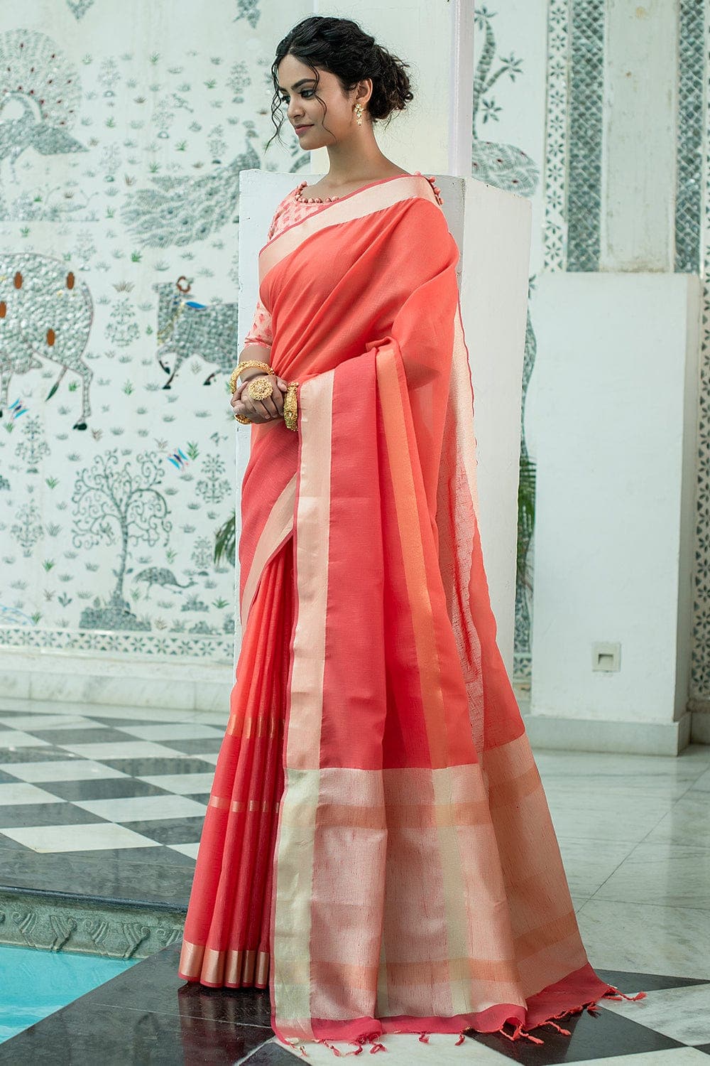 Red Linen Embroidery Saree With Beautiful Butta Work - Loomfolks