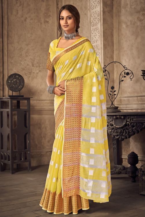 yellow linen saree