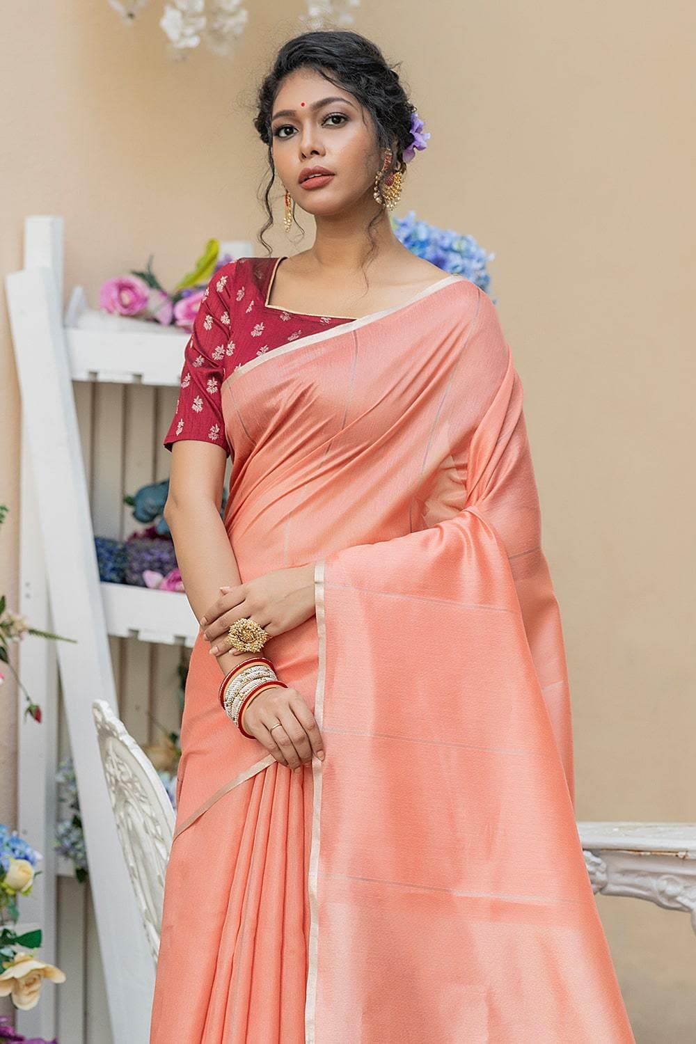 Cantaloupe Orange Linen Saree