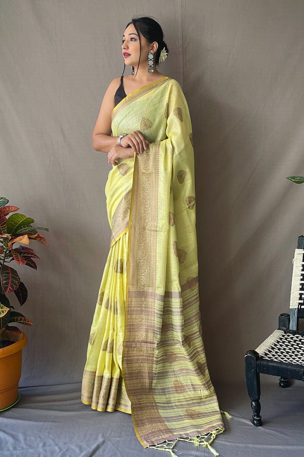 yellow linen saree