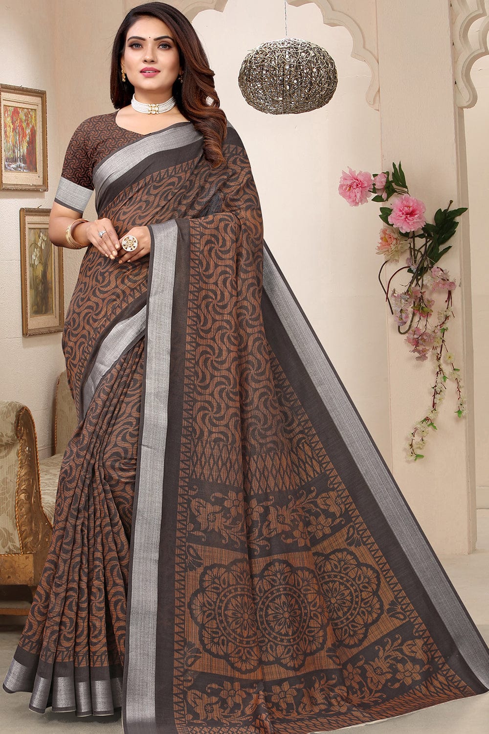 brown linen saree