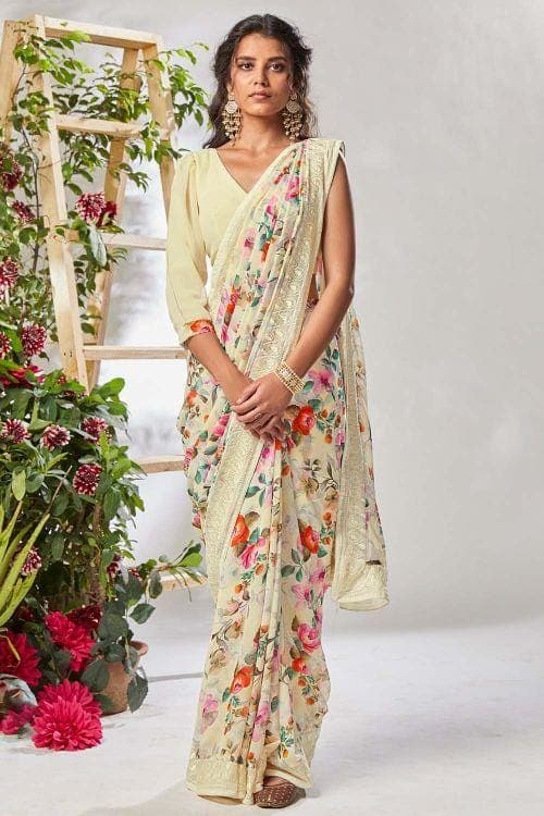 Buy Baby Pink Floral Printed Crepe Saree - Koskii