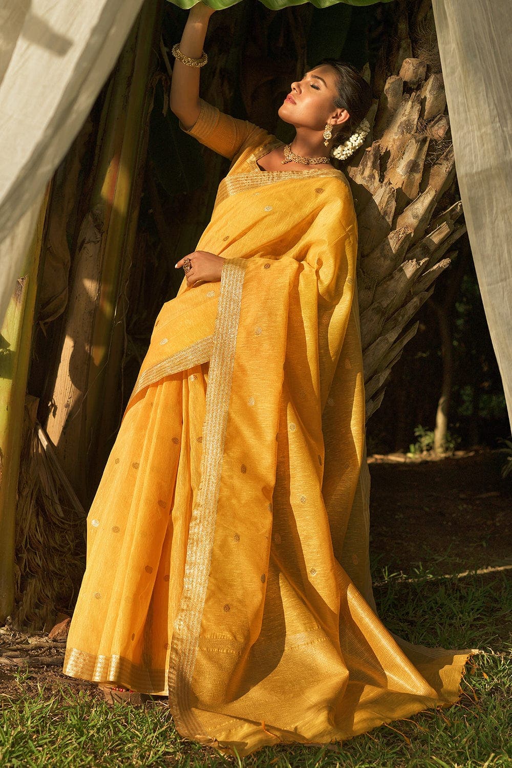Sandal Grey and Orange Banarasi Saree with Designer Blouse – MySilkLove