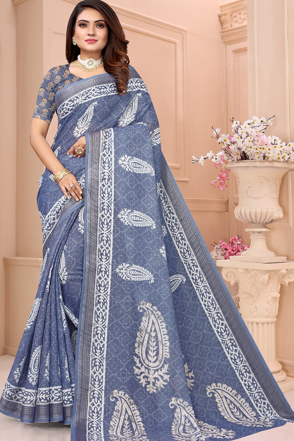 blue linen saree