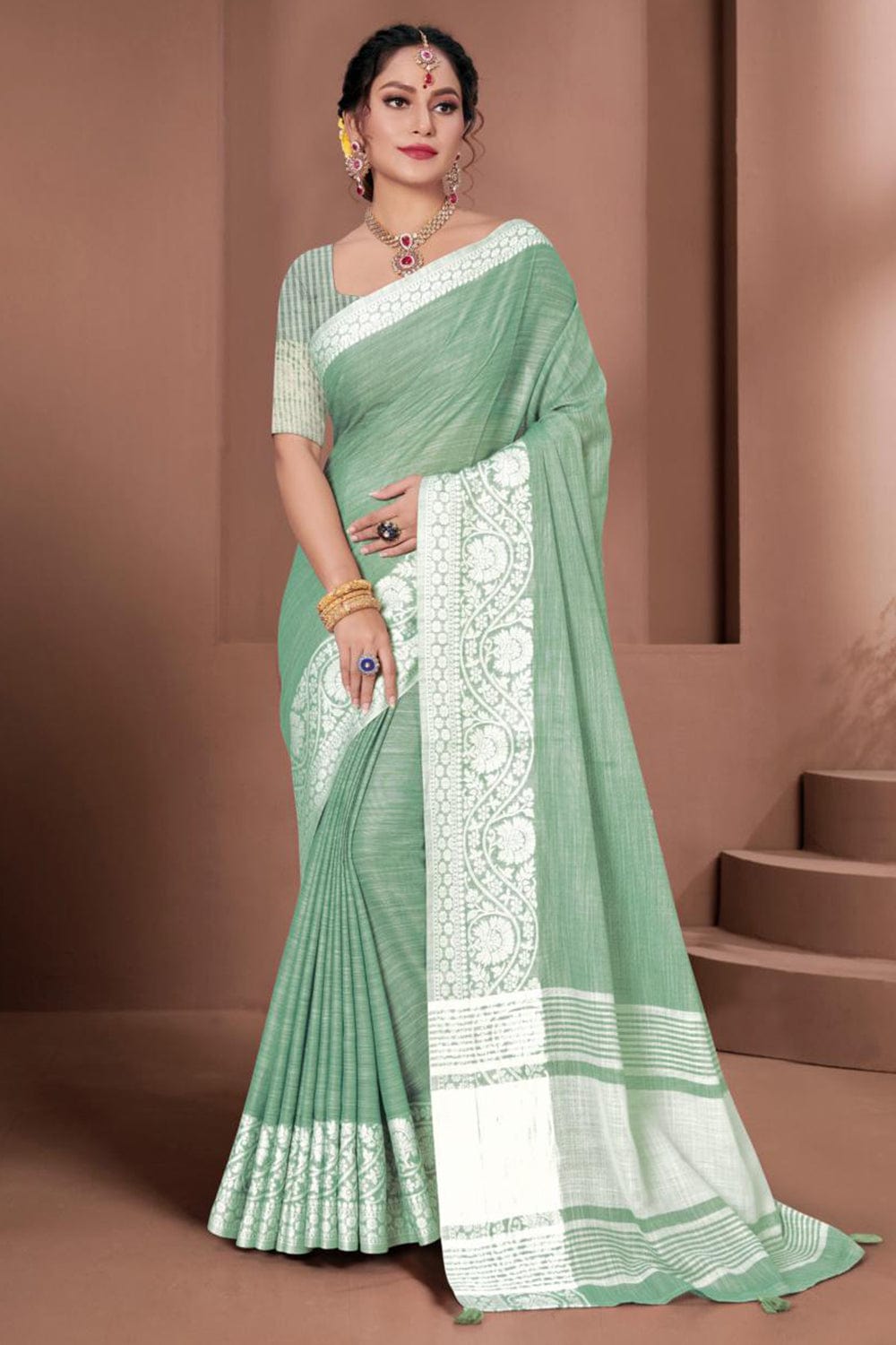 green linen saree