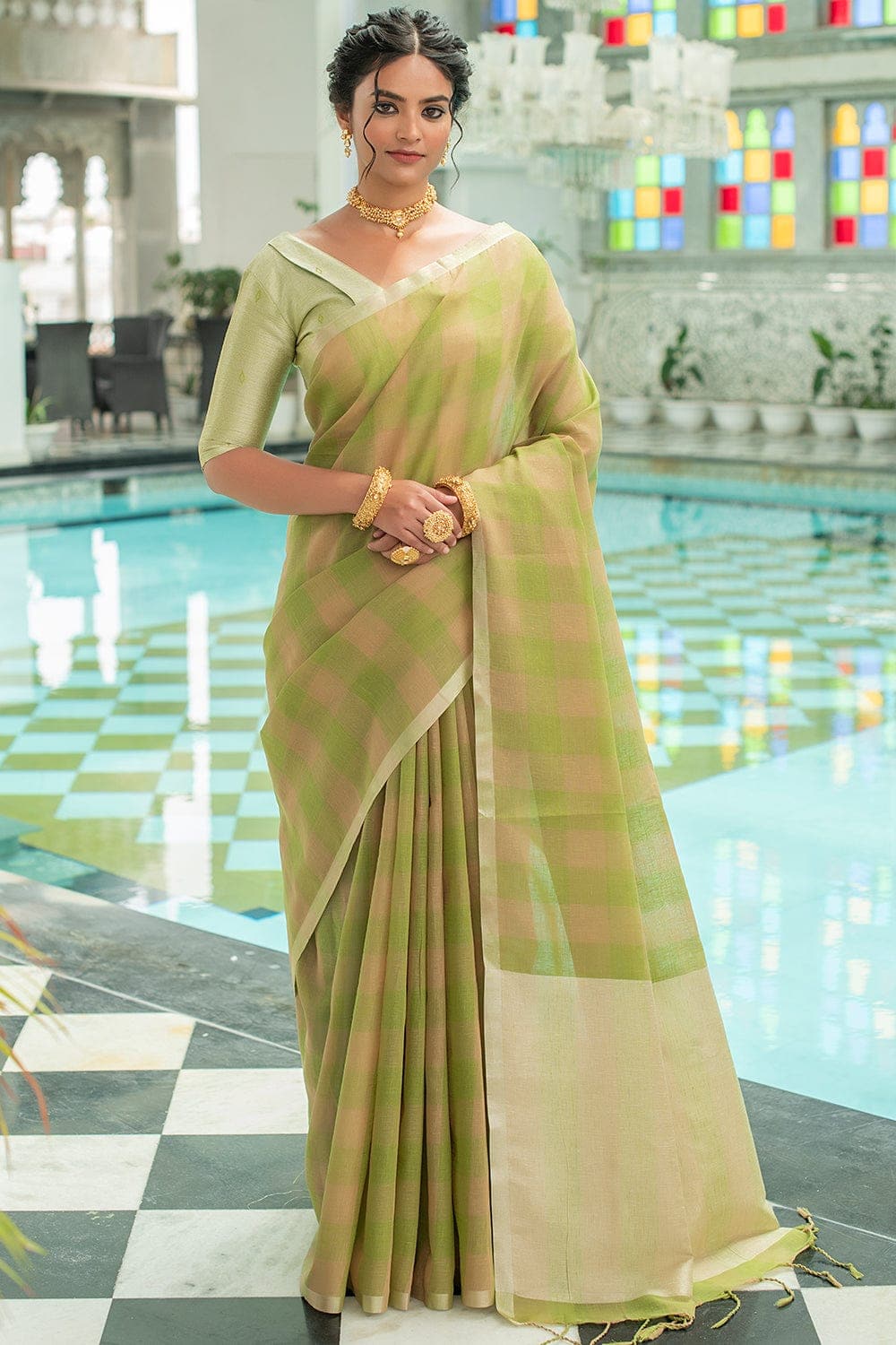 Linen Saree Fern Green Linen Saree saree online