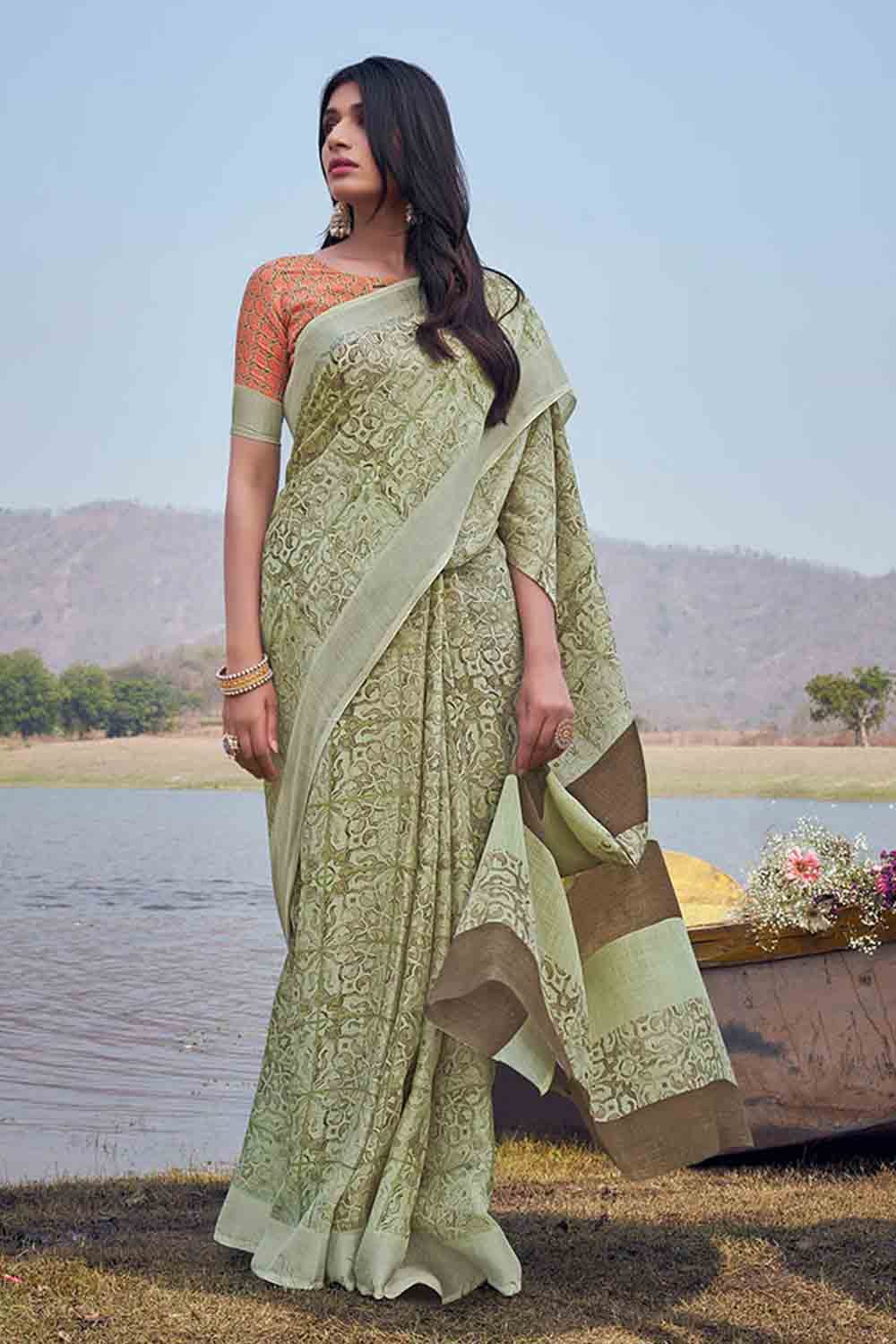 green linen saree