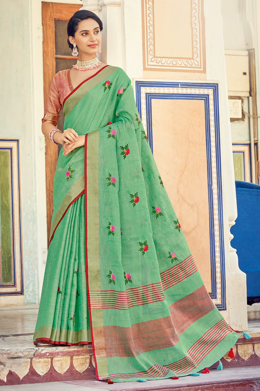 green linen saree