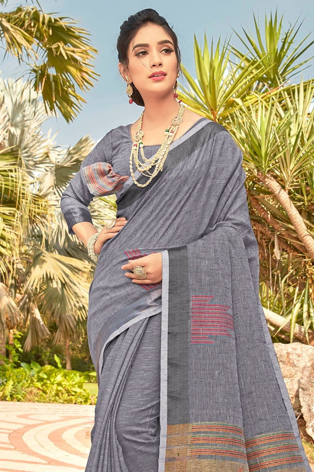 grey linen saree