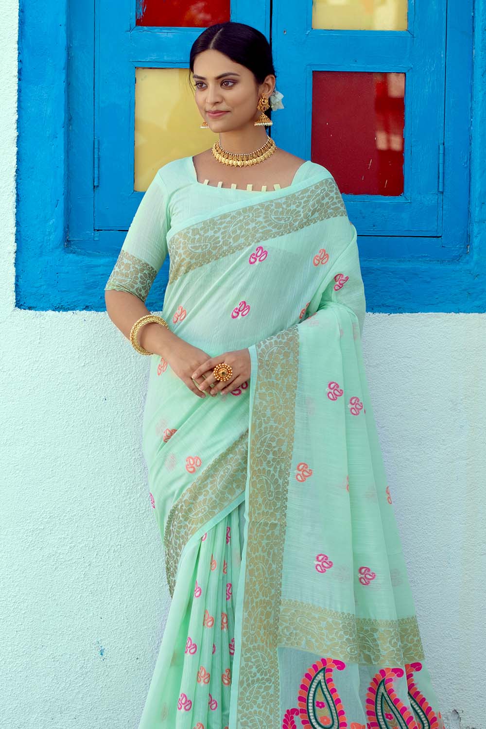 green linen saree