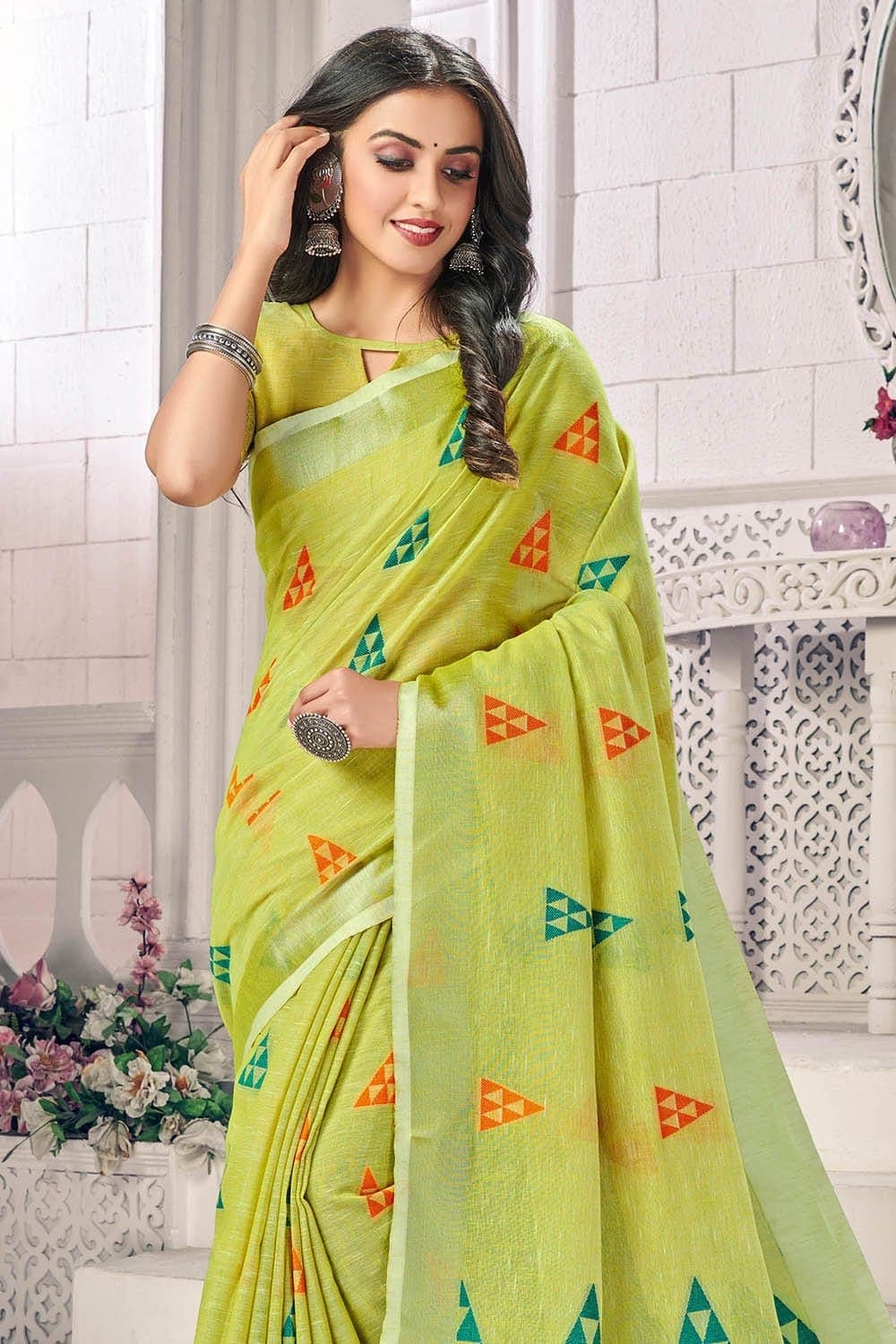 green linen saree