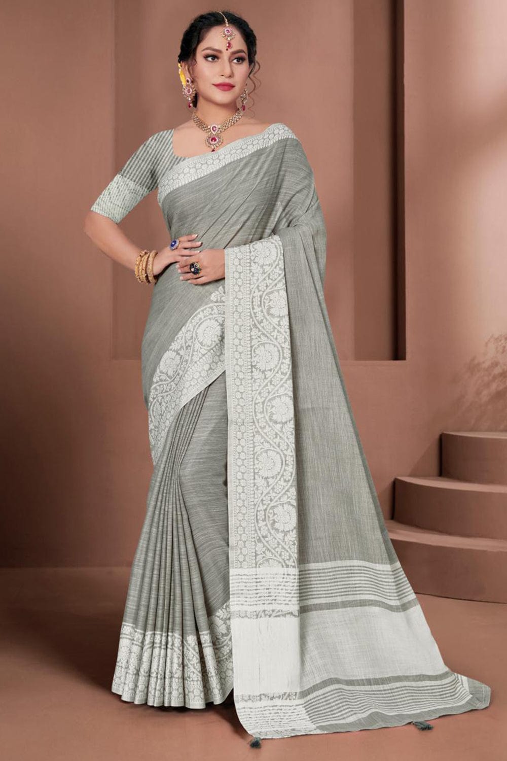 grey linen saree